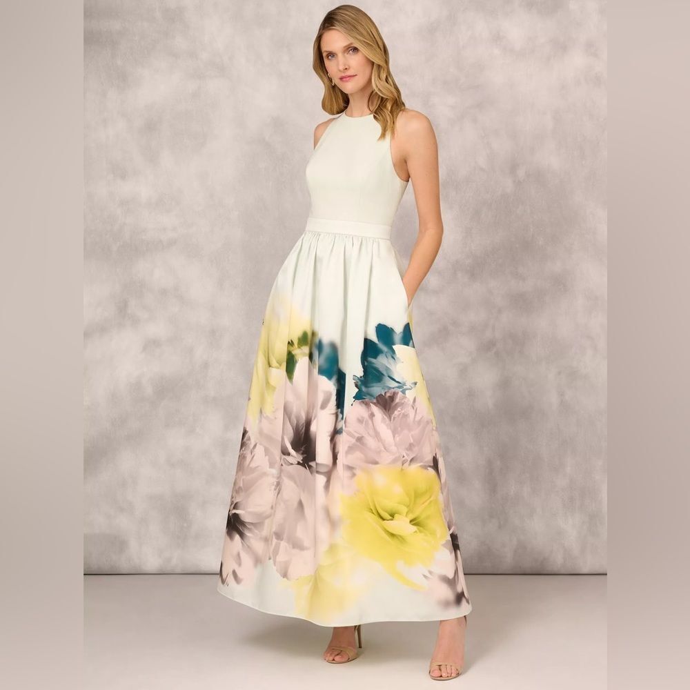 NWOT ADRIANNA PAPELL Printed Twill Ballgown
